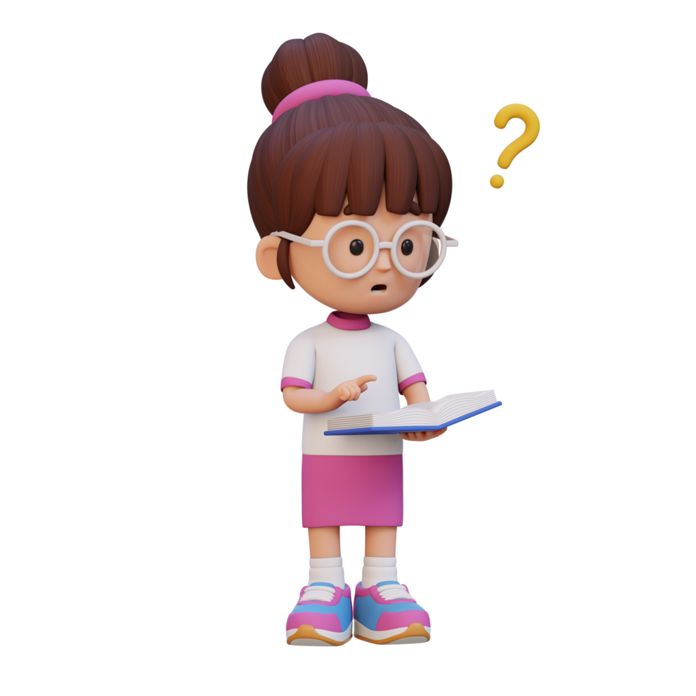 3d niña personaje obtener confuso cuando leyendo un libro png