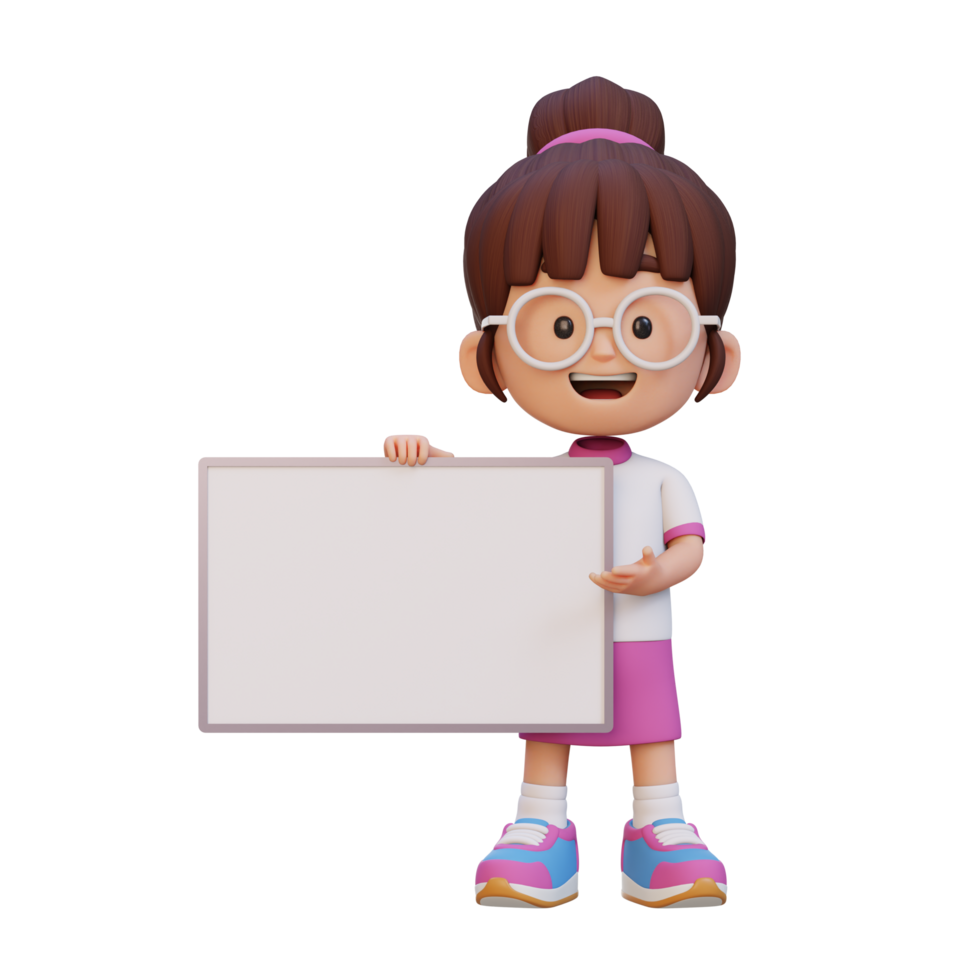 3D girl character holding a blank placard png