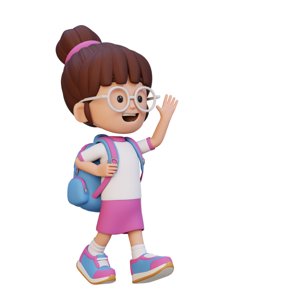 3D happy girl character walking and waving hand png