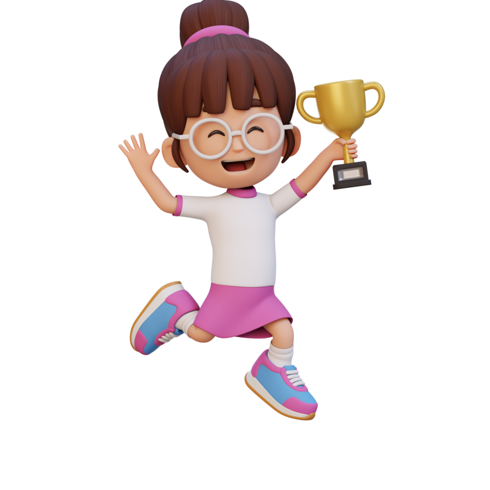 3d menina personagem a comemorar ganhar segurando uma troféu png