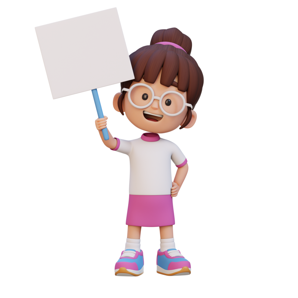 3D girl character holding a blank placard png