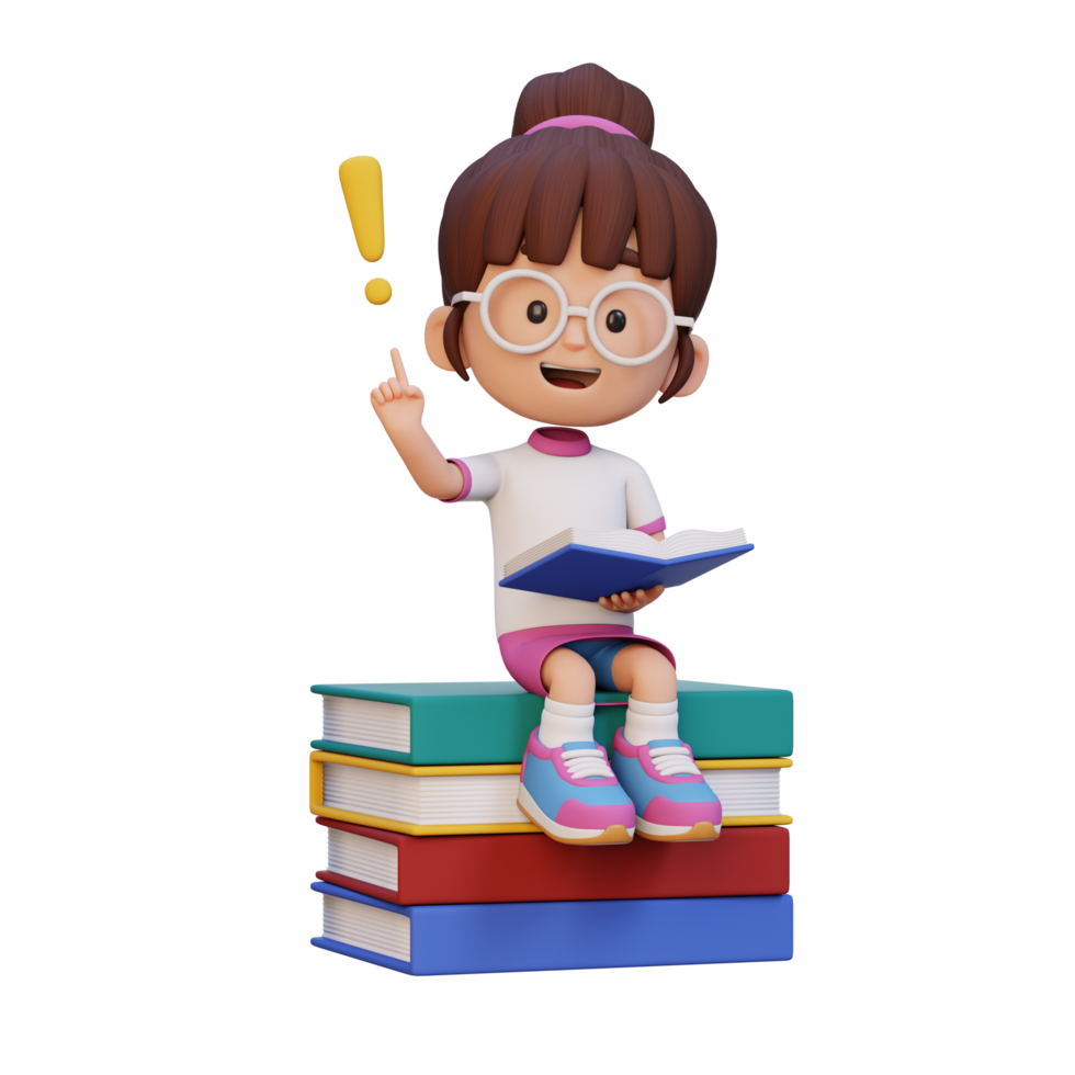 3D girl character get an idea when reading a book png