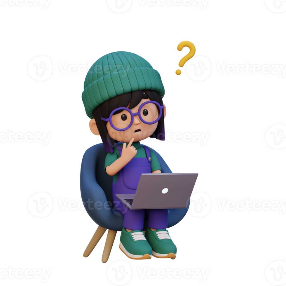 3D cute girl character confused on a laptop png