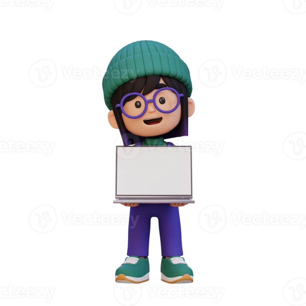 3D girl Character Holding and Presenting to a Laptop with Empty Screen png