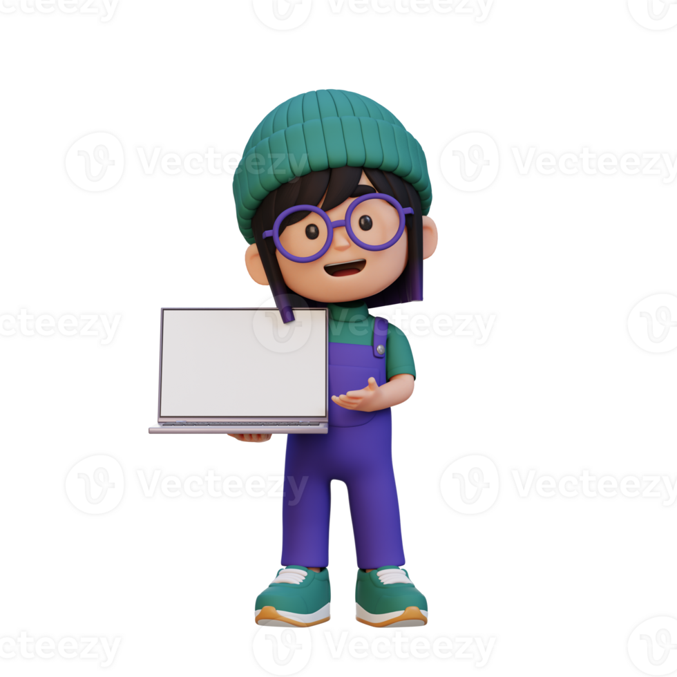 3D girl Character Holding and Presenting to a Laptop with Empty Screen png