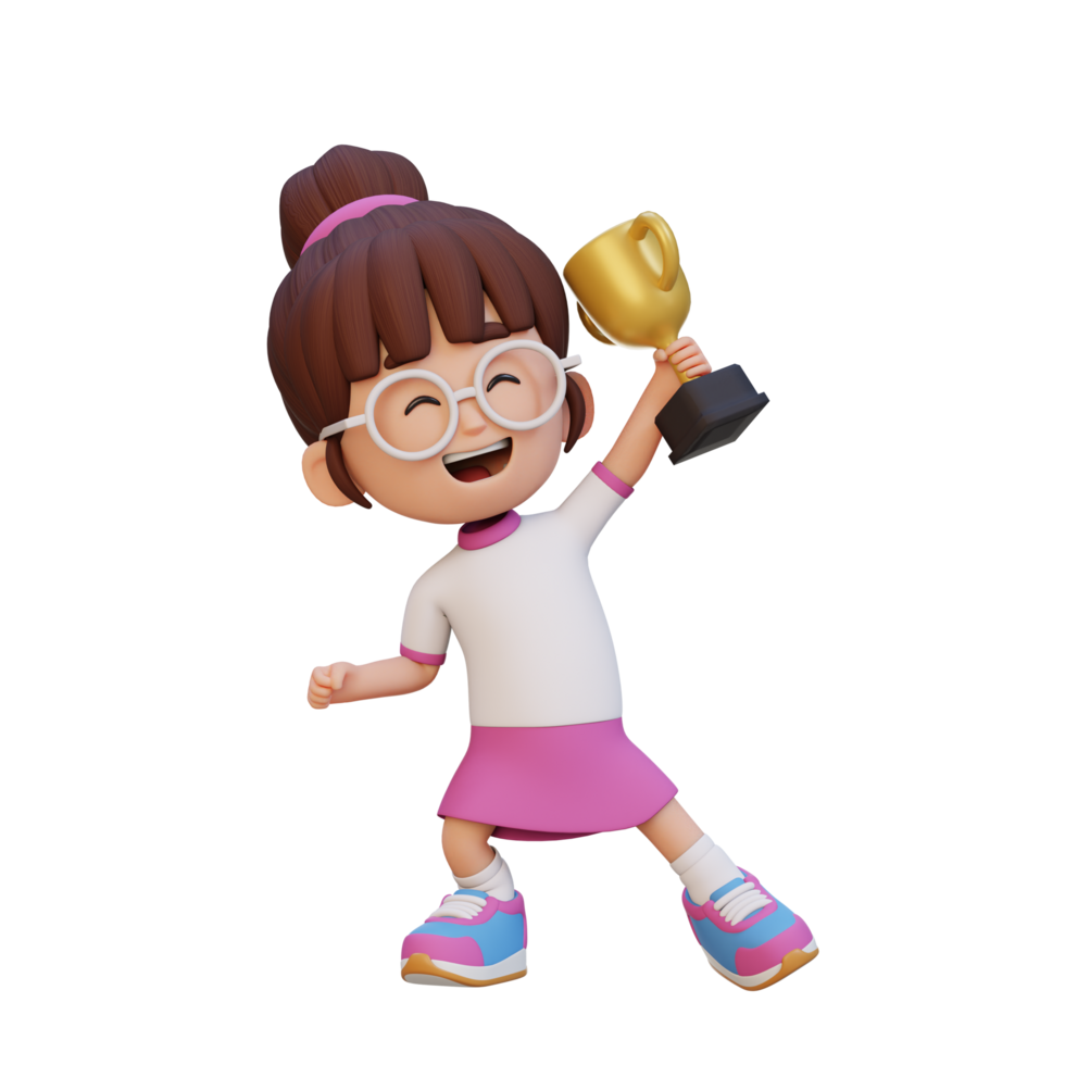 3D girl character celebrating win holding a trophy png