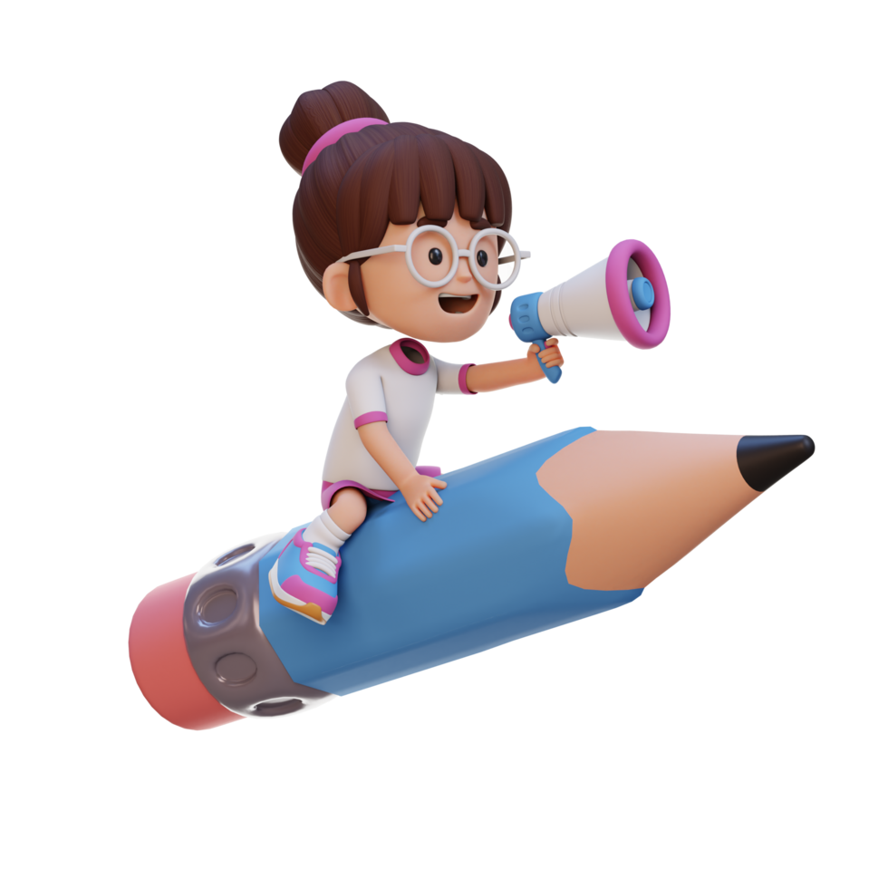3D girl character riding a pencil and holding megaphone png