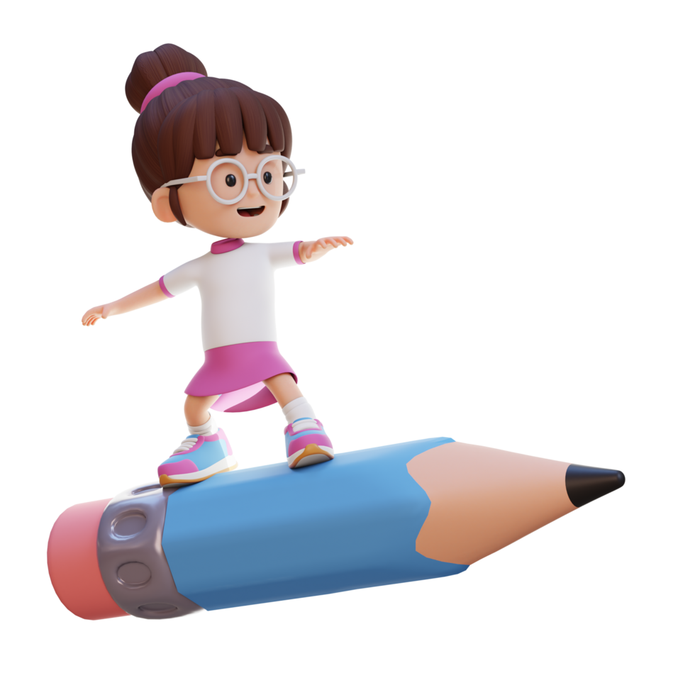 3D girl character standing riding a pencil png
