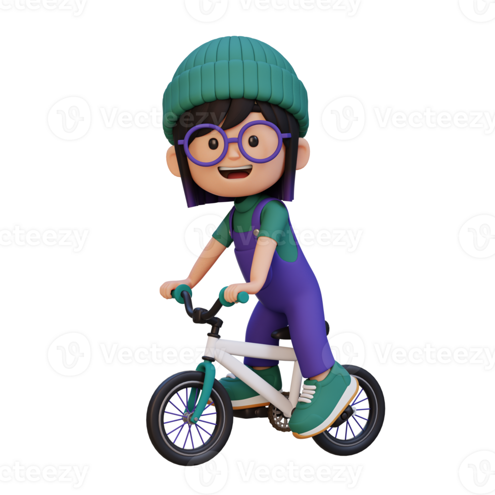 3D girl character ride bike go to school png