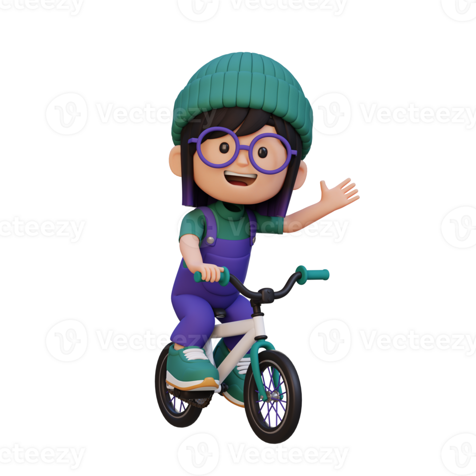 3D girl character ride bike go to school png