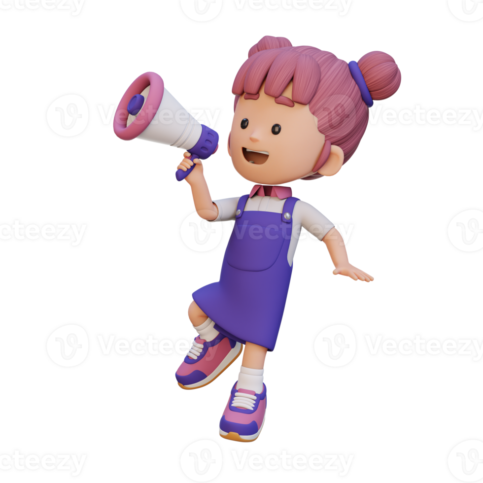 3D cute girl Character jumping and talking on Megaphone png