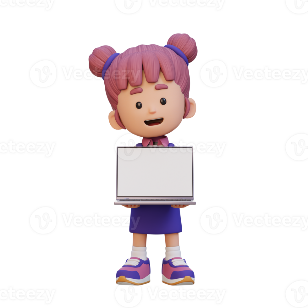 3D girl Character Holding and Presenting to a Laptop with Empty Screen png