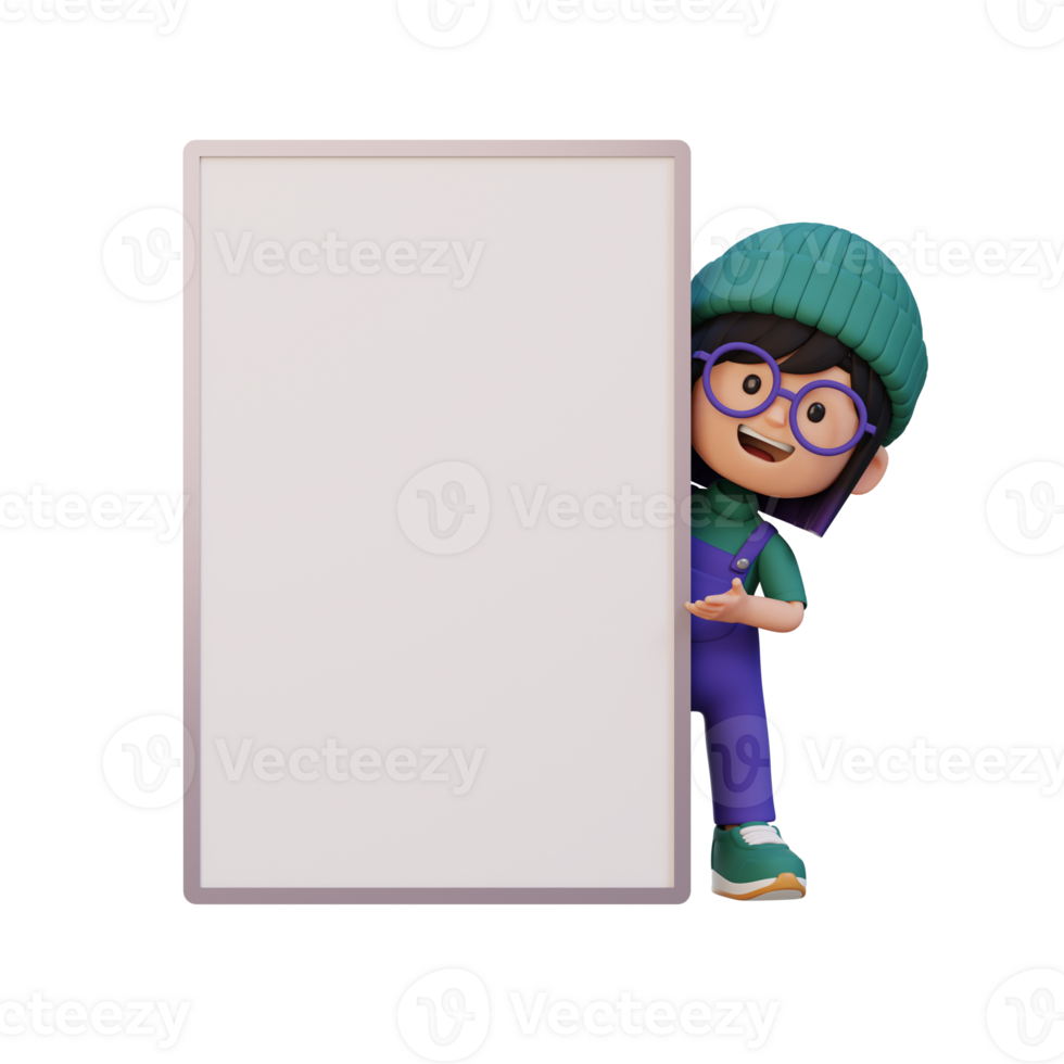3D girl character holding a blank placard png