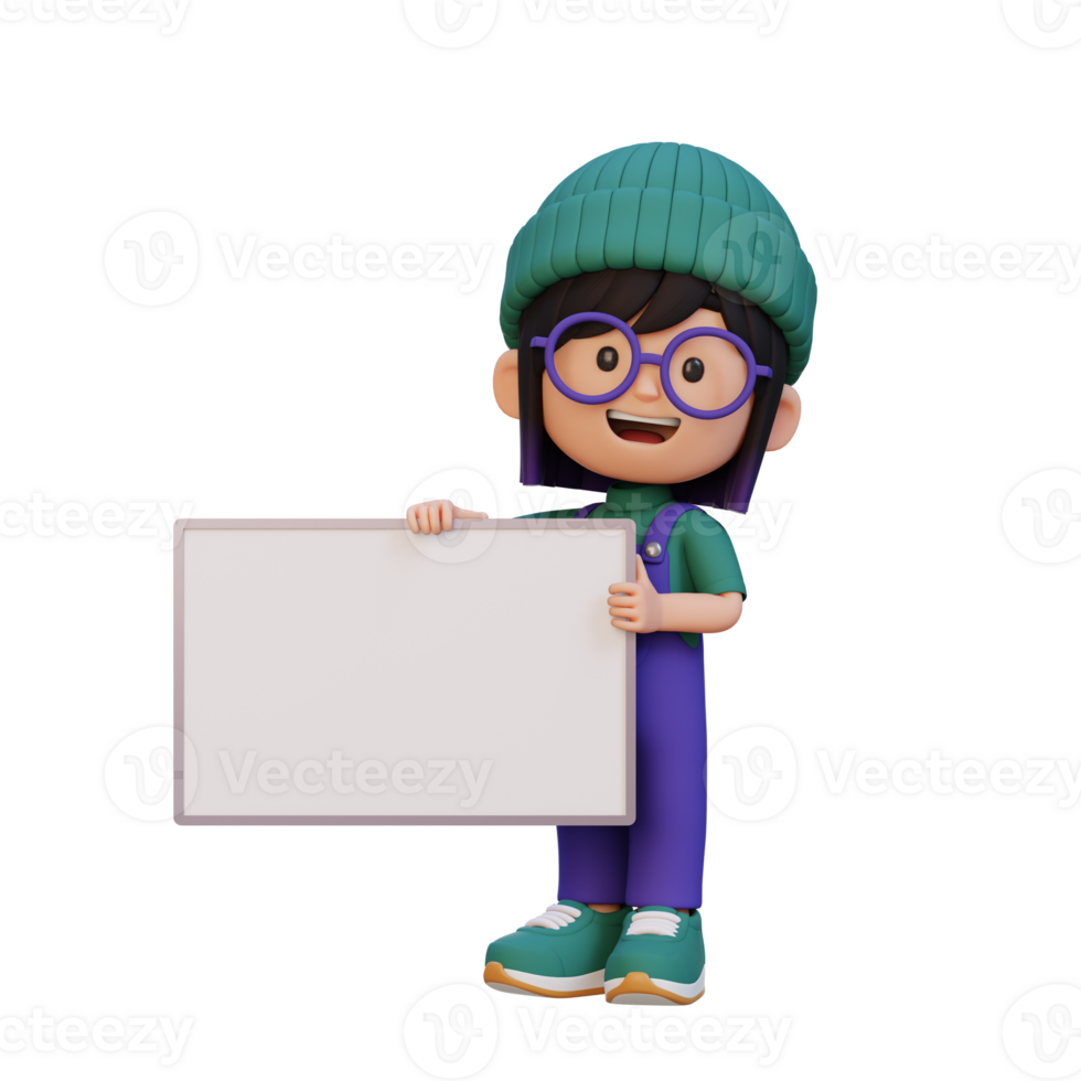 3D girl character holding a blank placard png