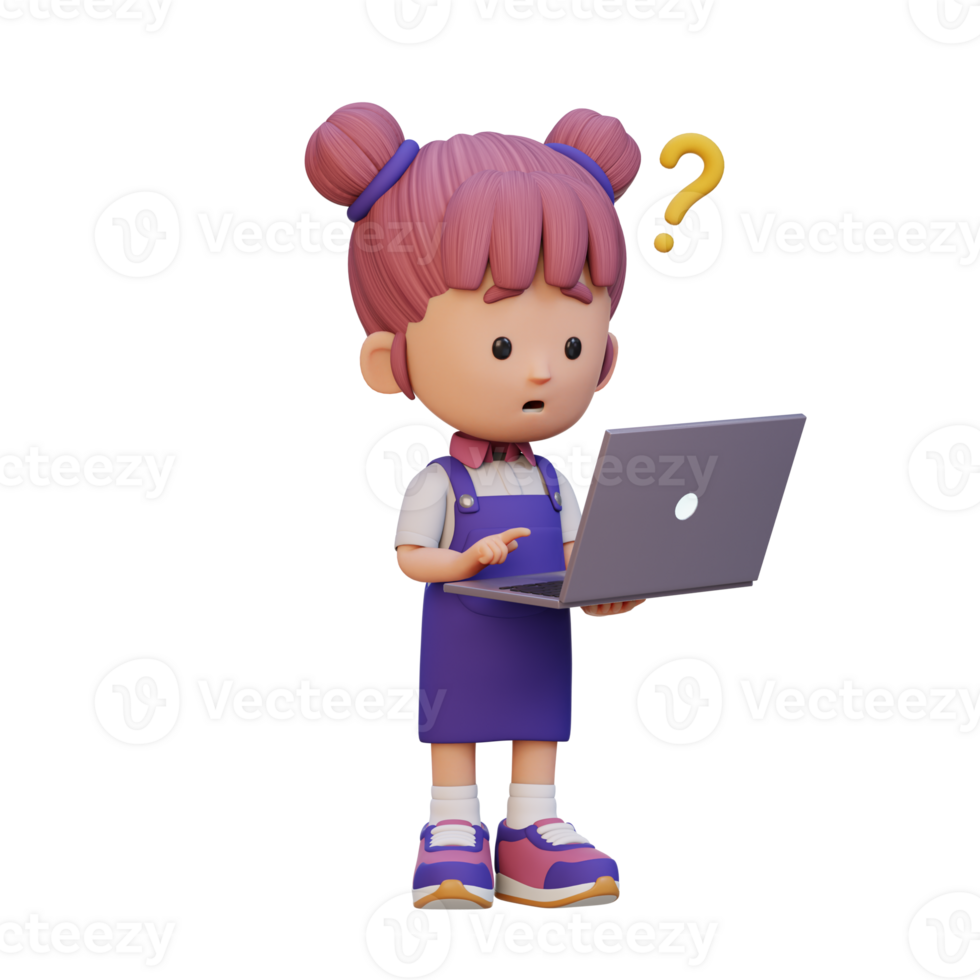 3D cute girl character confused on a laptop png