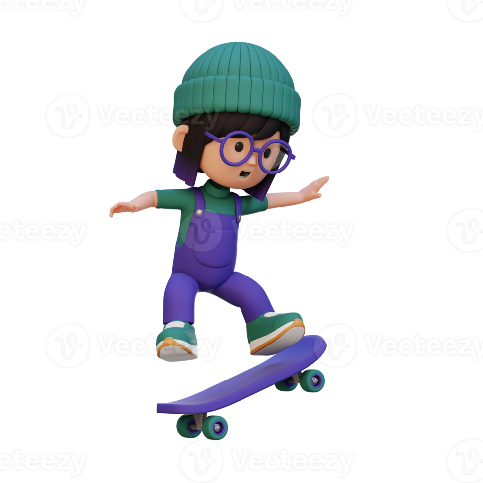 3D girl character ride skateboard png