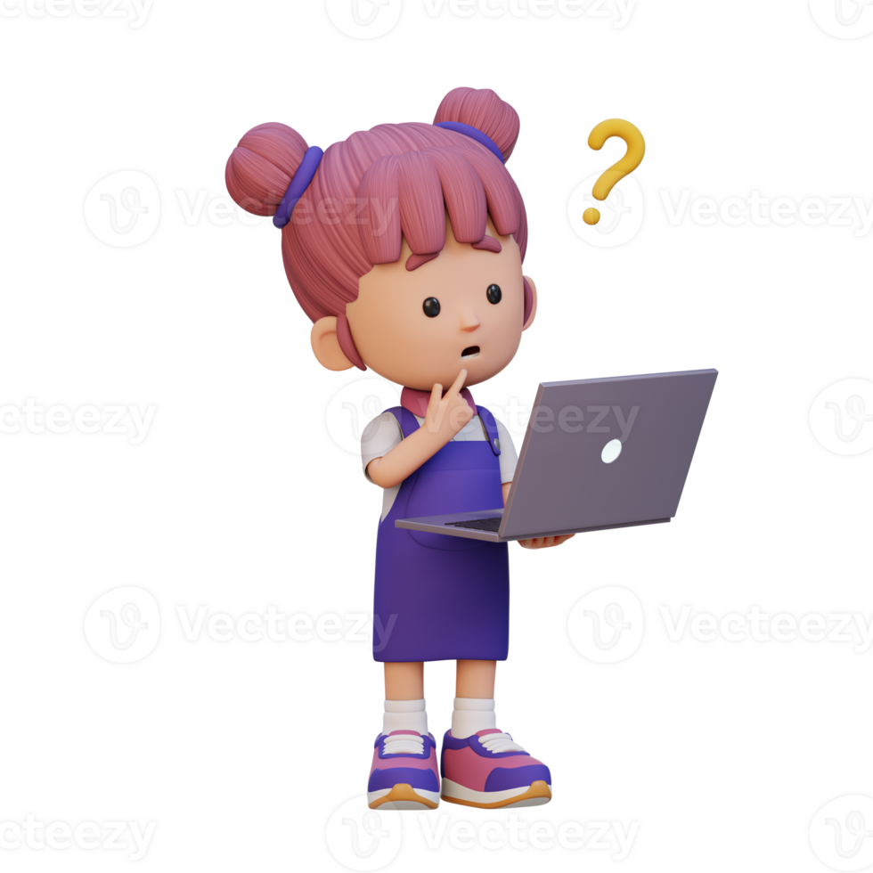 3D cute girl character confused on a laptop png