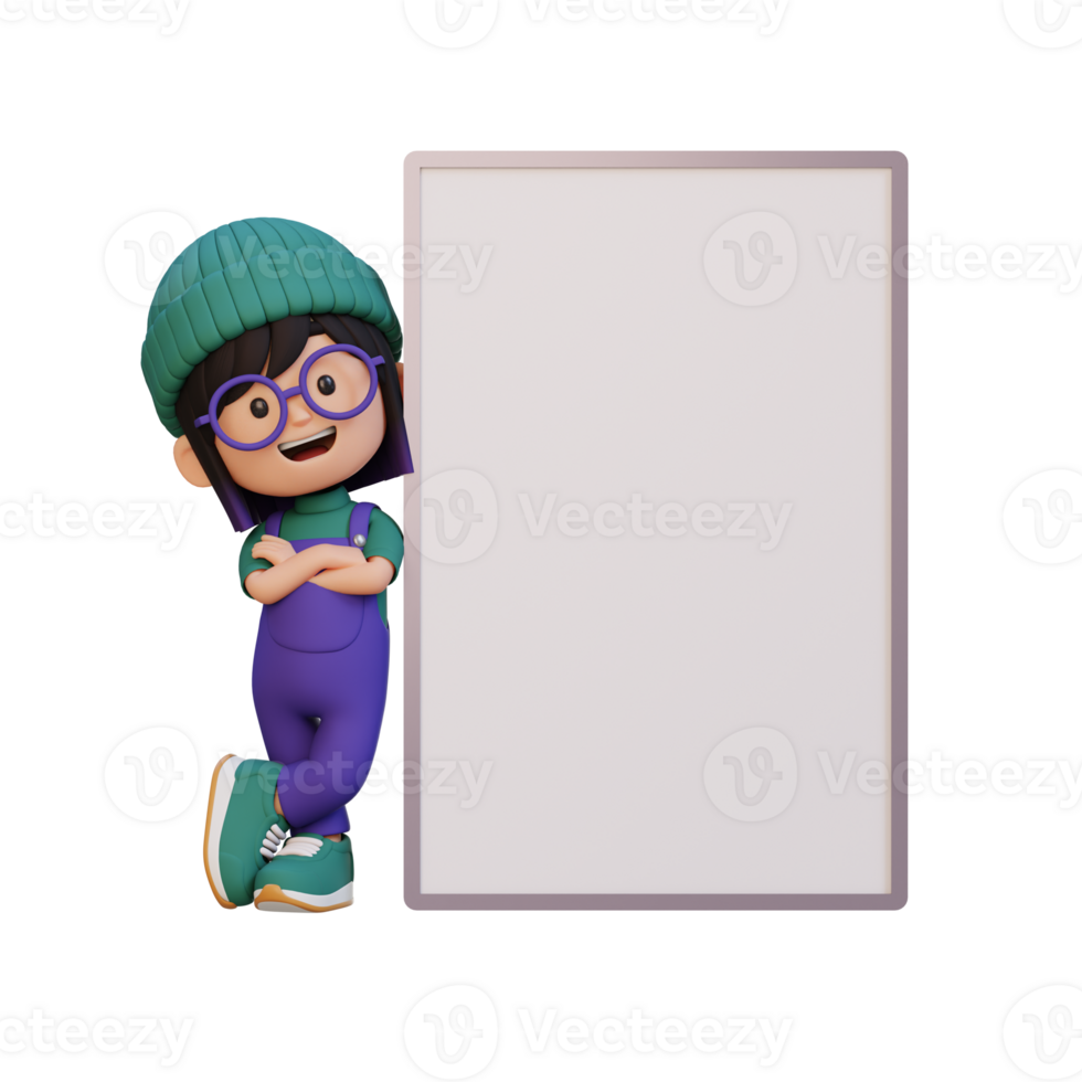 3D girl character holding a blank placard png