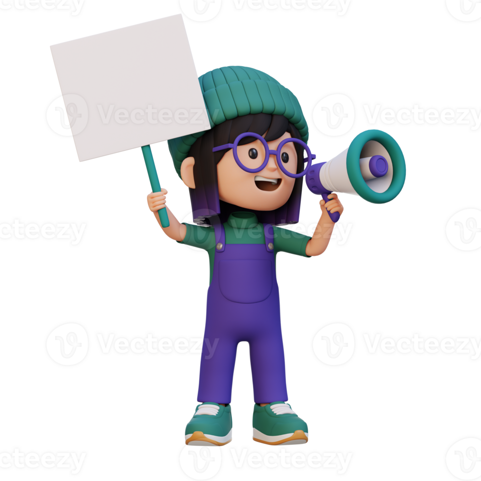 3D girl character holding a blank placard png