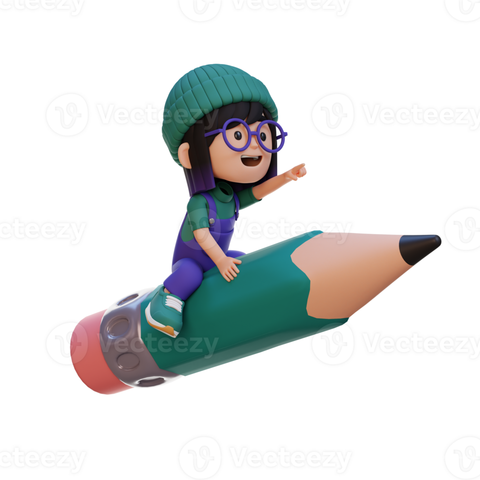 3D girl character riding a pencil and pointing hand png