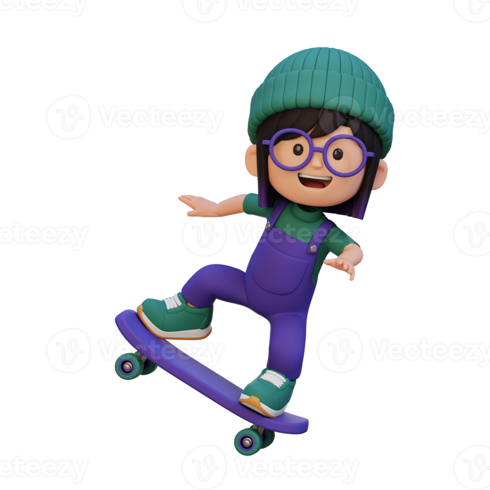 3D girl character ride skateboard png