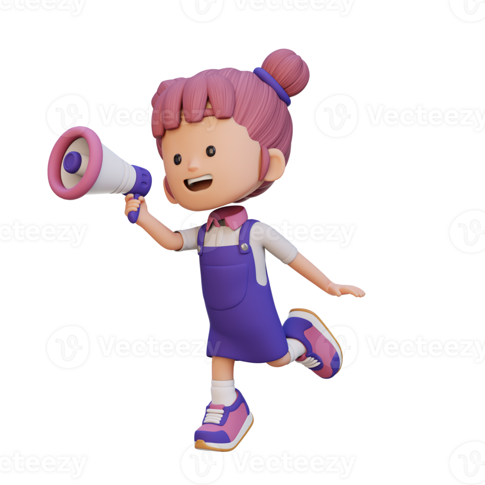 3D cute girl Character jumping and talking on Megaphone png