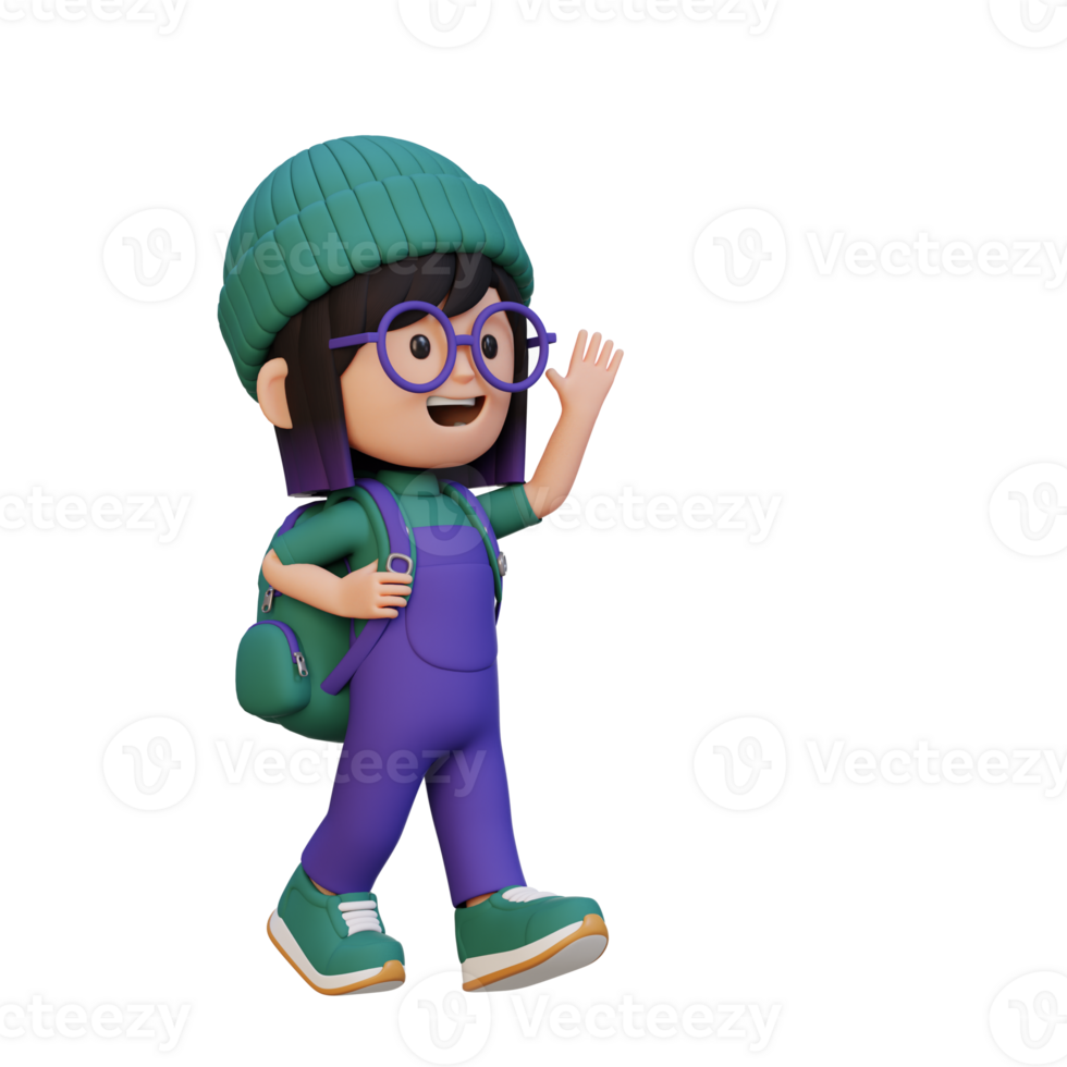 3D happy girl character walking and waving hand png