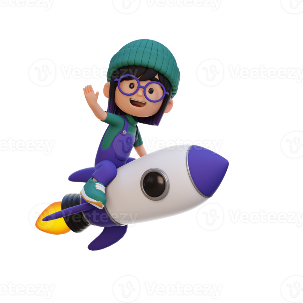 3D girl character riding a rocket and waving hand png