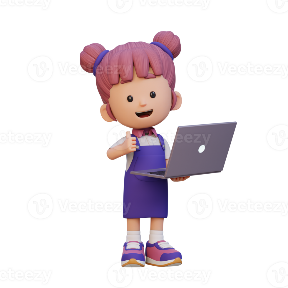 3D cute girl character give a thumb up while holding a laptop png