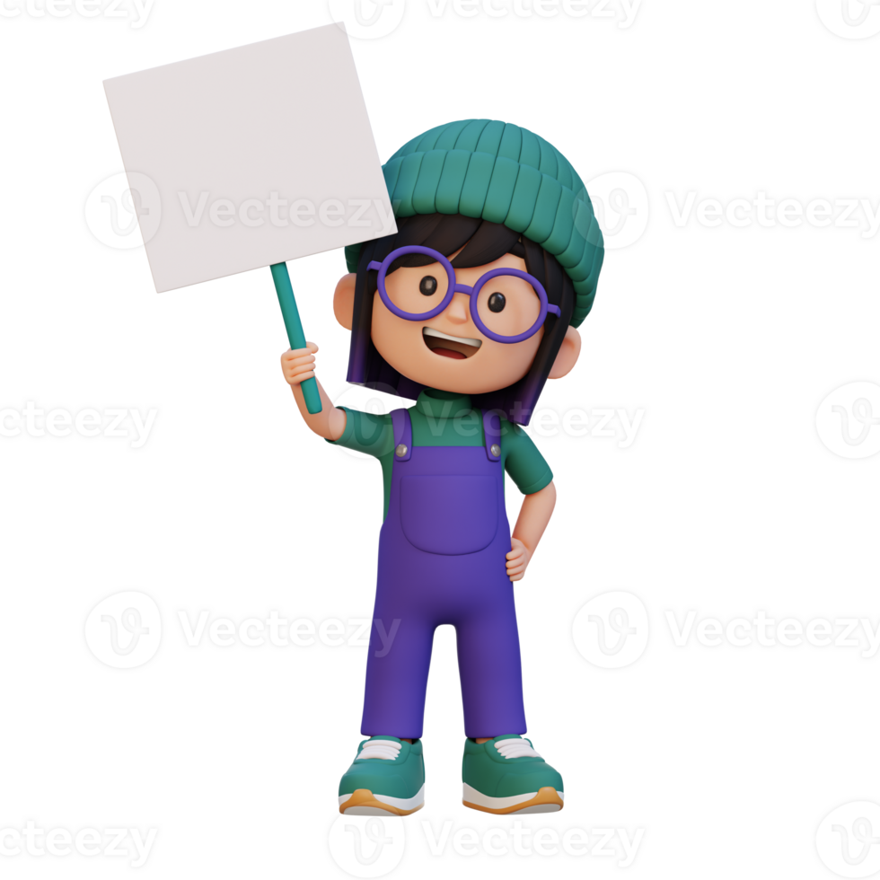 3D girl character holding a blank placard png