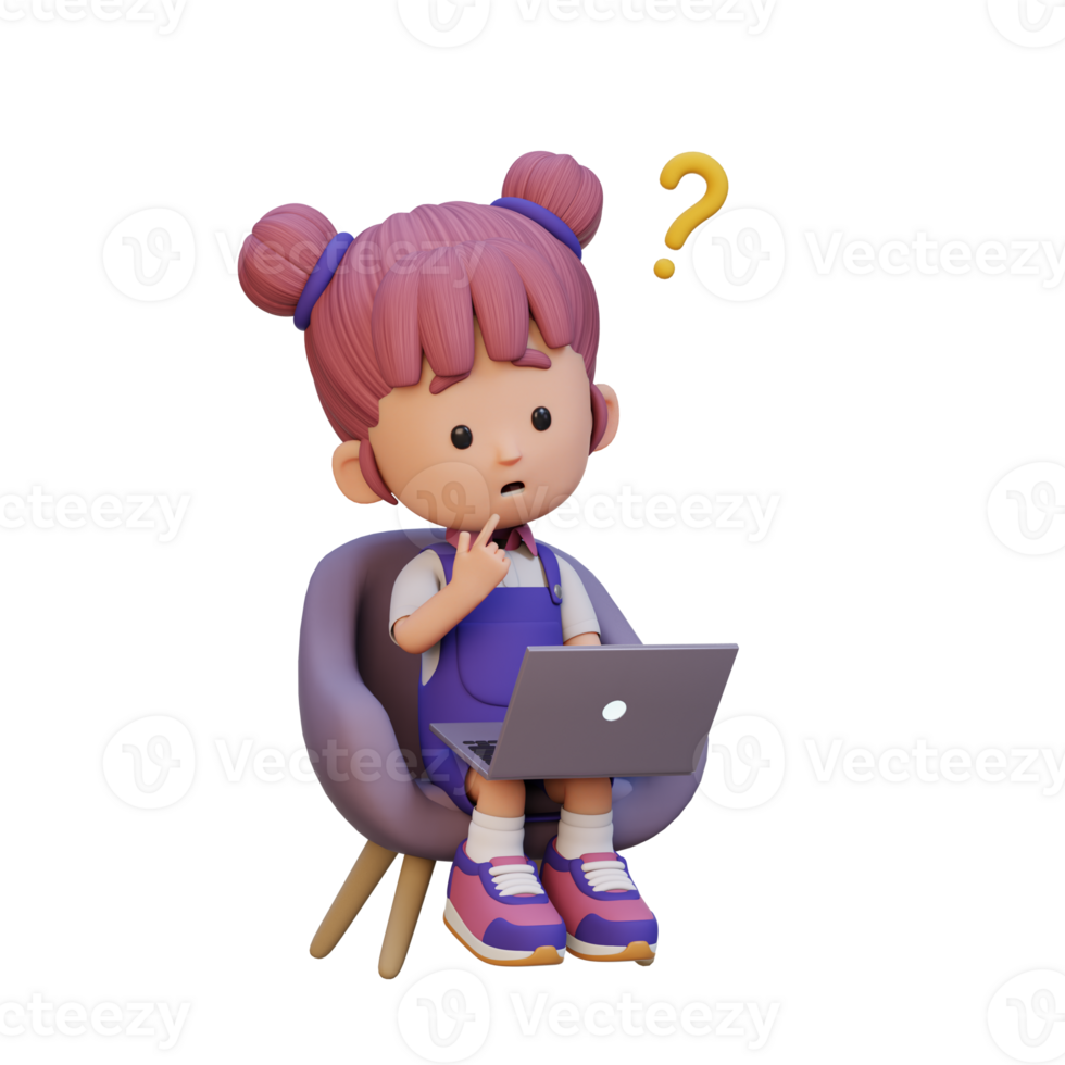 3D cute girl character confused on a laptop png