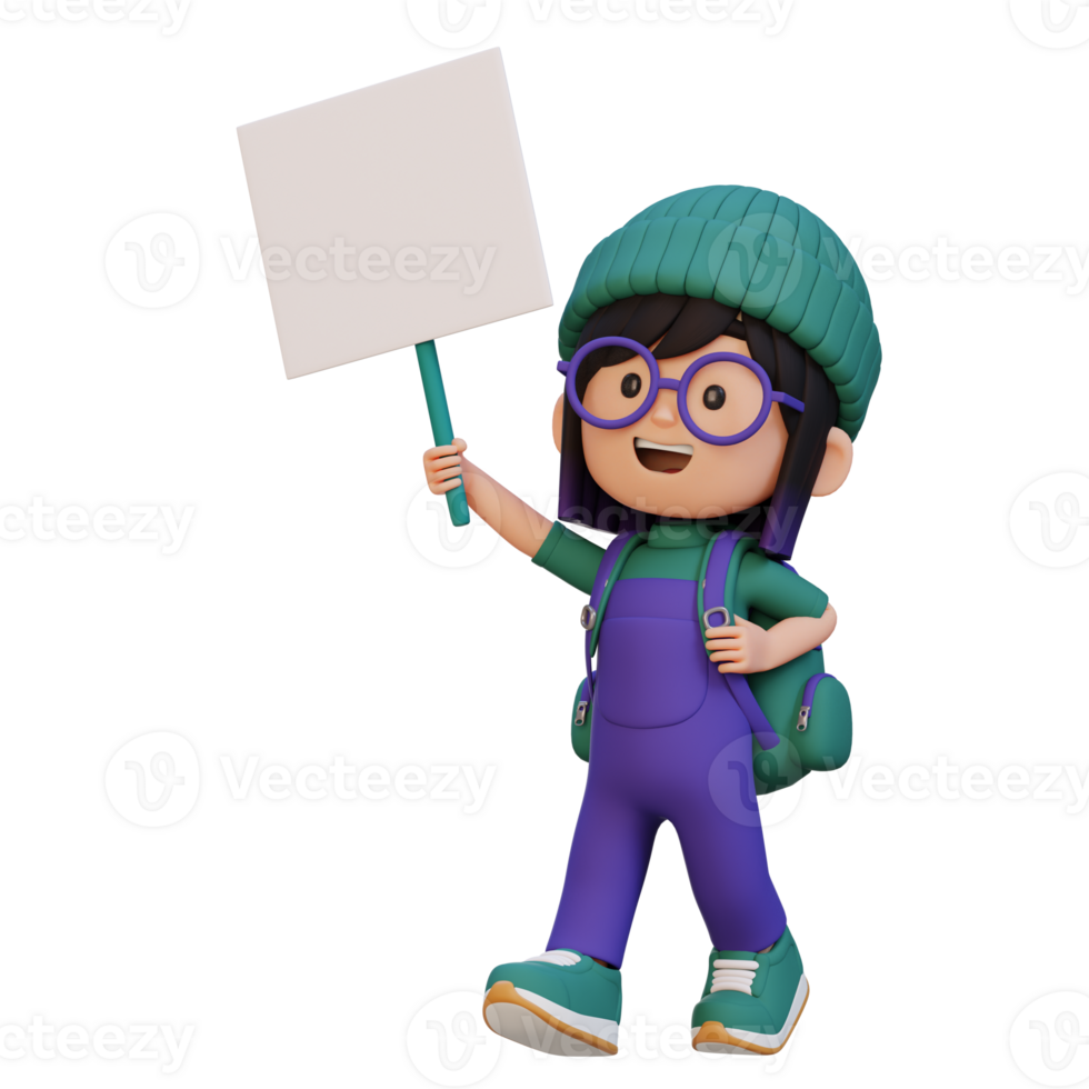 3D girl character holding a blank placard png