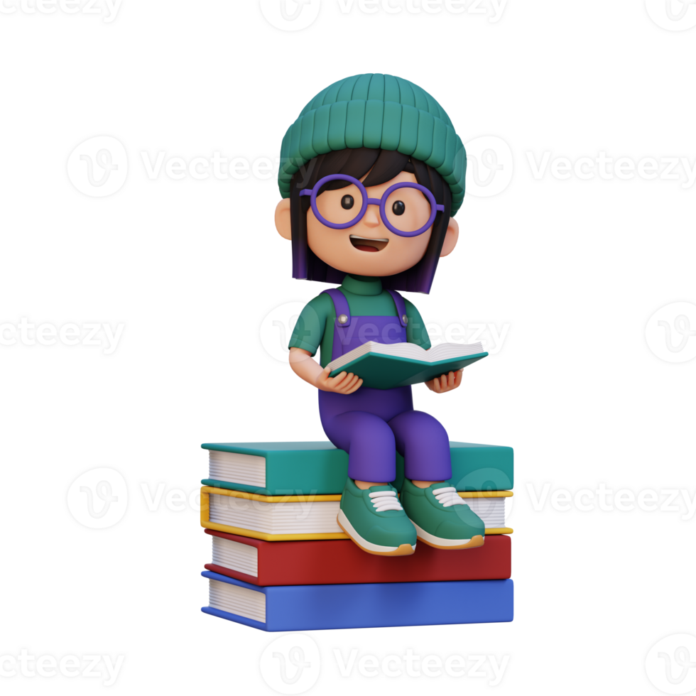 3D happy girl character reading book png