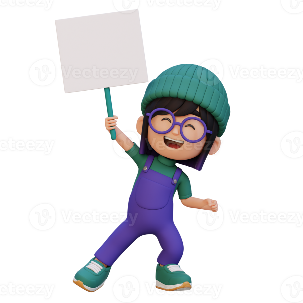 3D girl character holding a blank placard png