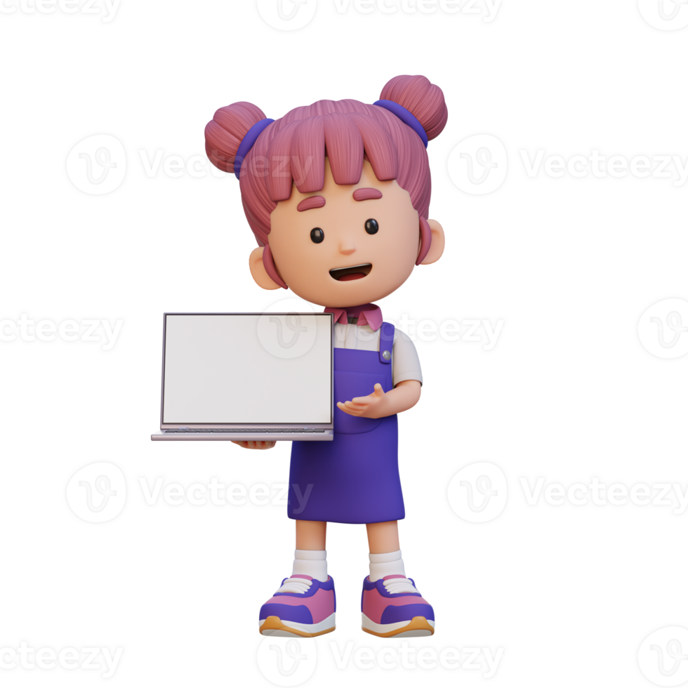 3D girl Character Holding and Presenting to a Laptop with Empty Screen png