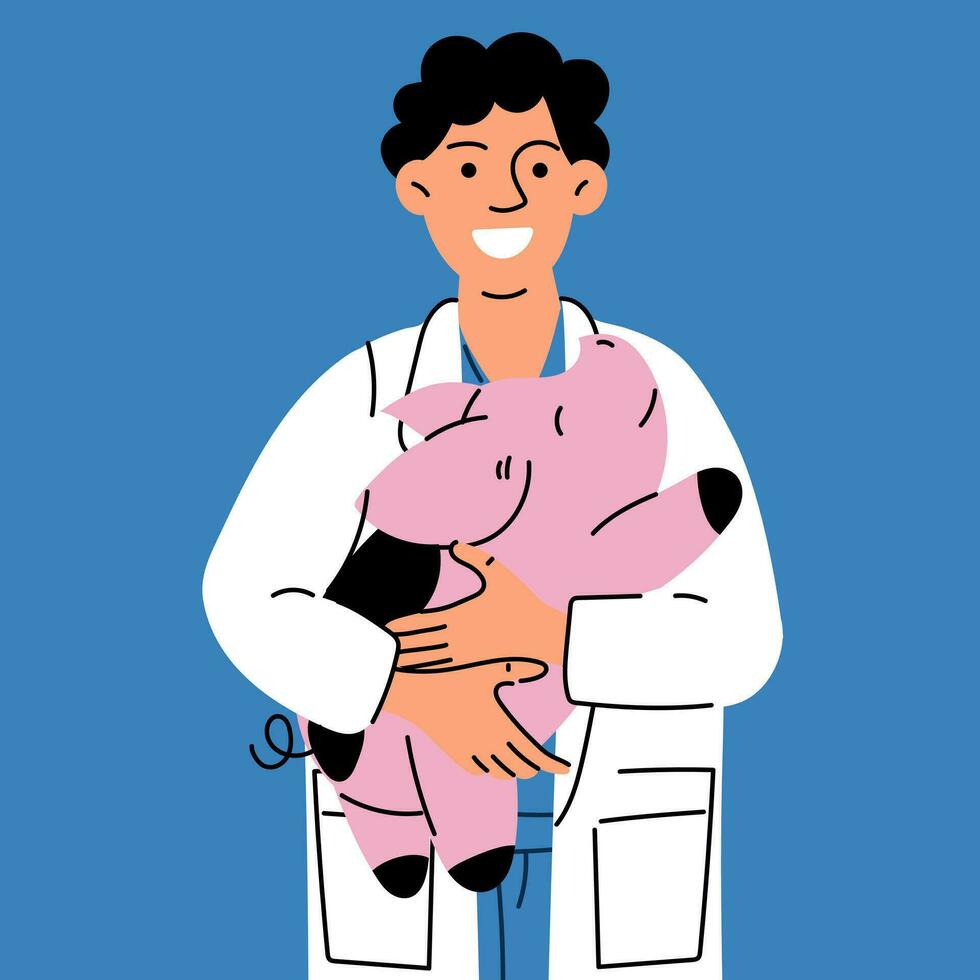 A male veterinarian with a pig in his arms. Vector illustration of animal care. Flat style. A doctor in a uniform and a medical coat with a pig on a blue background. International Veterinarian's Day