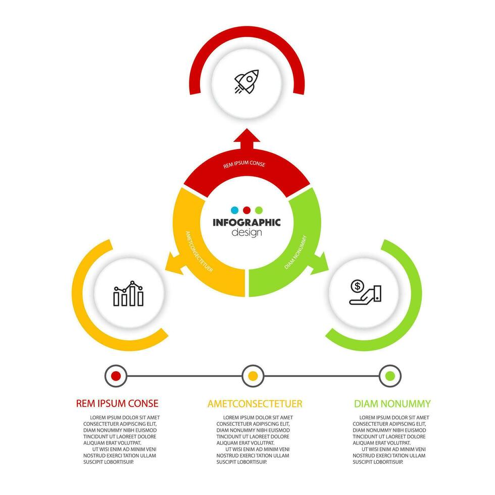 Vector chart divided into 3 colorful parts. Concept startup development strategy. Simple flat infographic for business information visualization.