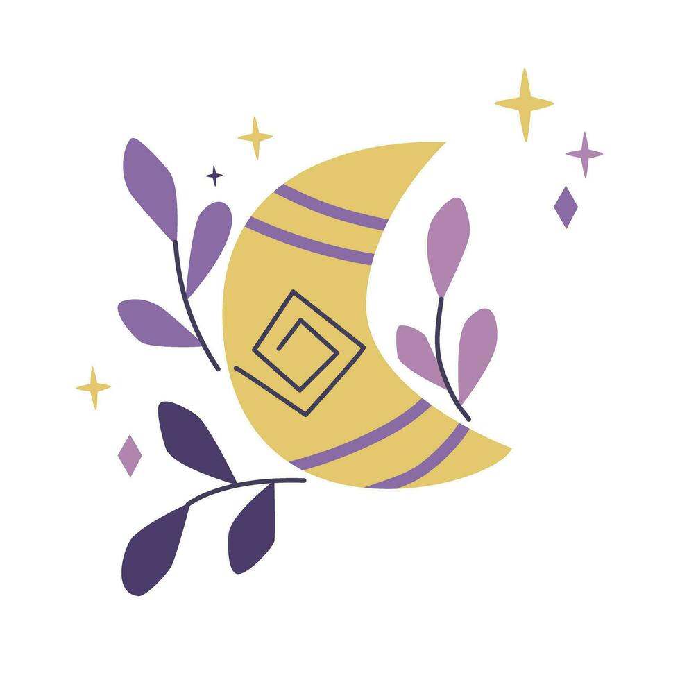 Magic moon, crystals and stars hand drawn clip art vector