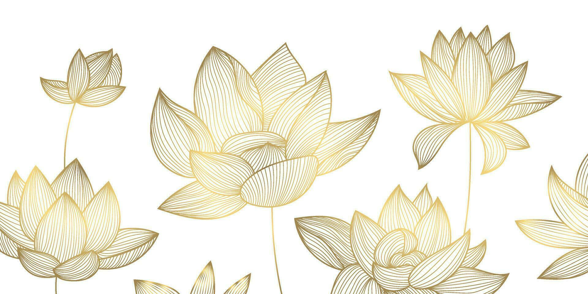 Vector luxury golden pattern, lotus illustration, hand drawn florals for packaging, social media post, cover, banner, creative post and wall arts. Gold and white