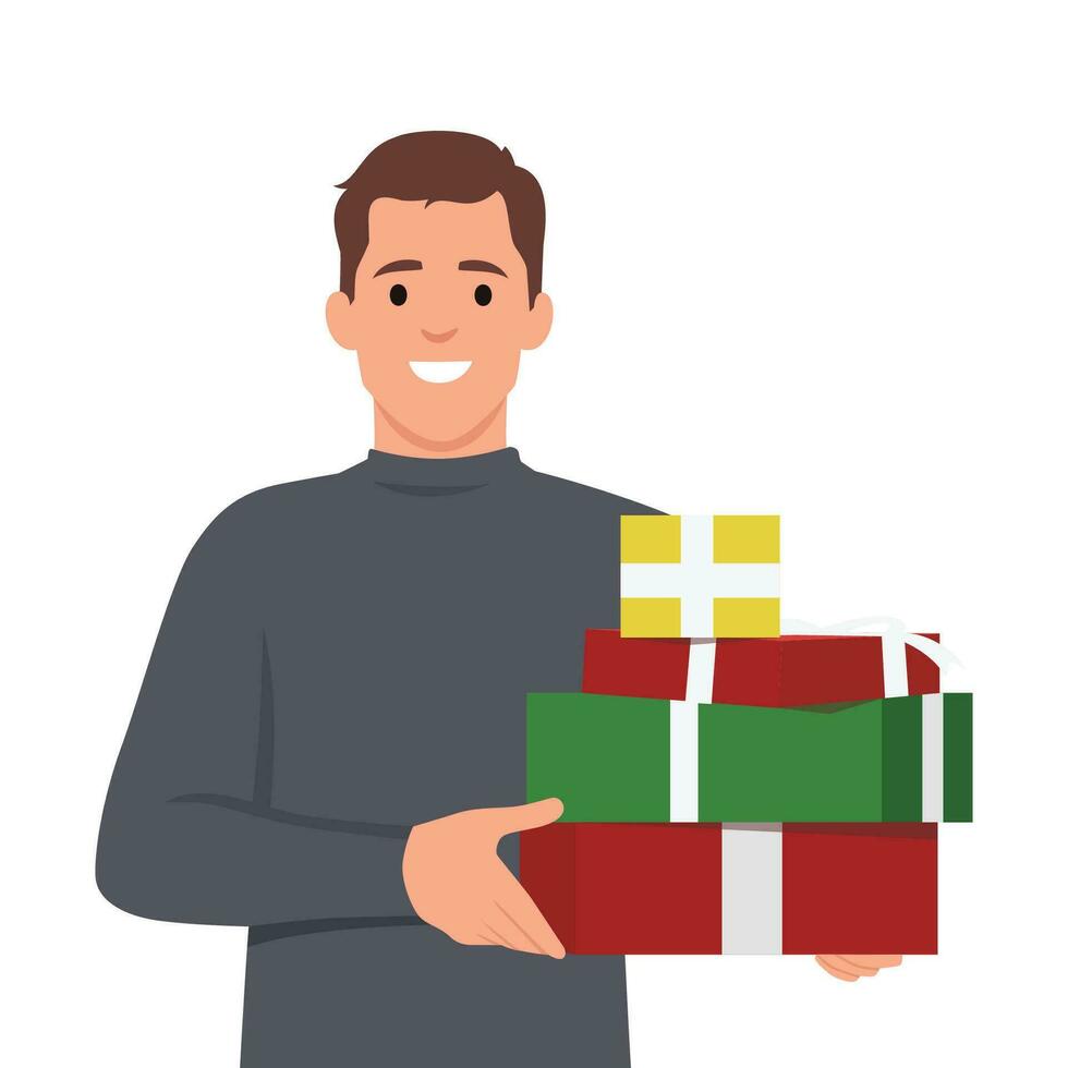 Young man received present with love, holding a pile of presents in the boxes vector