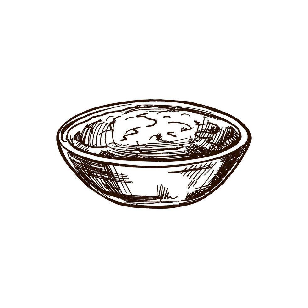 Hand-drawn sketch of bowl with guacamole, salsa sauce. Vintage drawing. Vector black ink outline food sketch illustration. Mexican food, cuisine. An illustration for the menu. Latin America.