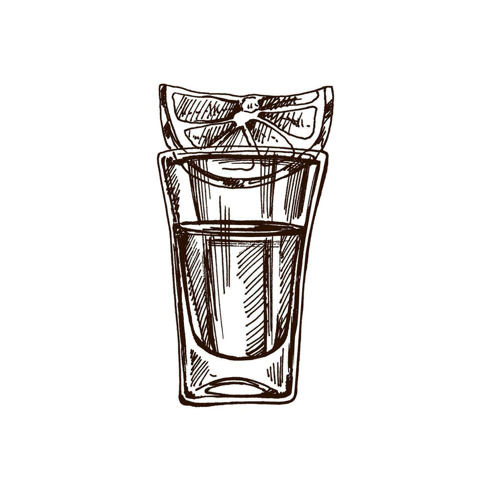 dibujado a mano Disparo vaso con tequila con un rebanada de Lima. diseño elemento para el menú de barras y restaurantes, alcohol historias. vector bosquejo ilustración en grabado estilo. mexicano, latín America.