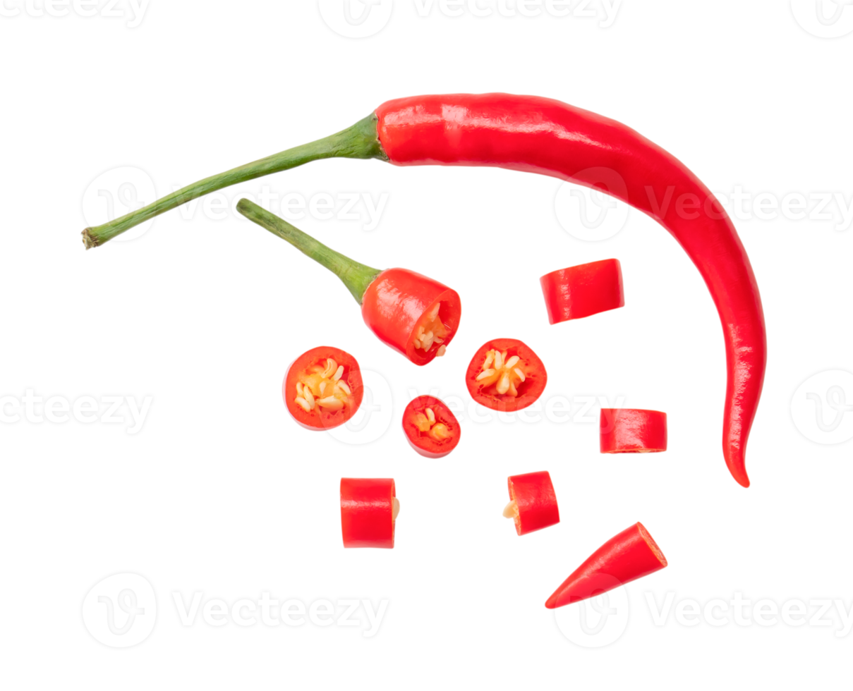 Curved fresh red chili pepper with slices isolated with clipping path in png file format. Top view and flat lay