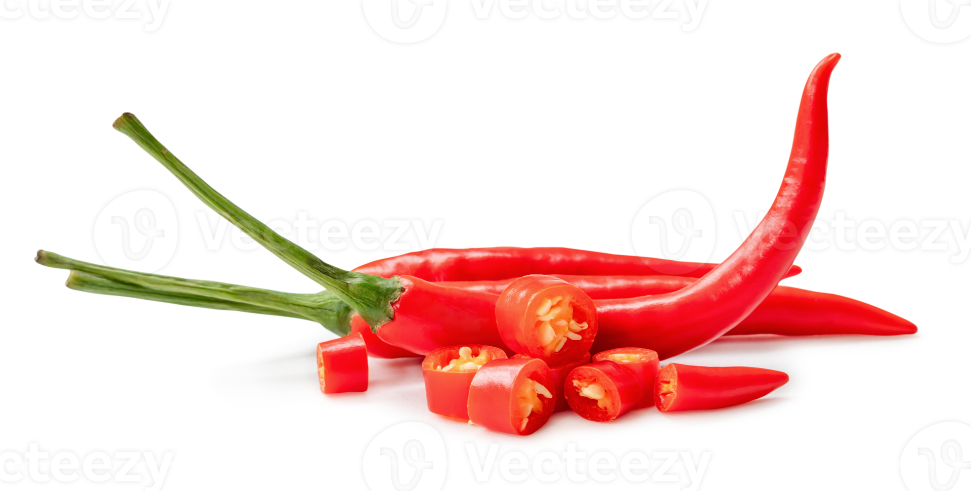 Fresh red chili peppers in stack with slices isolated with clipping path and shadow in png file format. Front view and flat lay