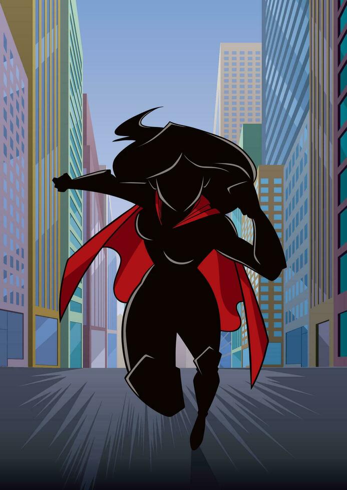 superheroína corriendo en ciudad silueta vector