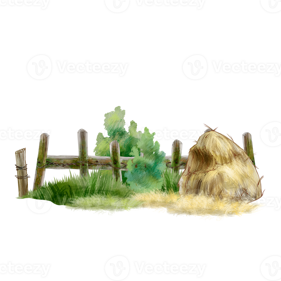 lantlig landskap med en höstack. ett gammal trä- staket Nästa till en höstack och buskar omgiven förbi gräs. för utskrift böcker, förpackning, reklam naturlig Produkter. etc. landskap av en by eller bruka png