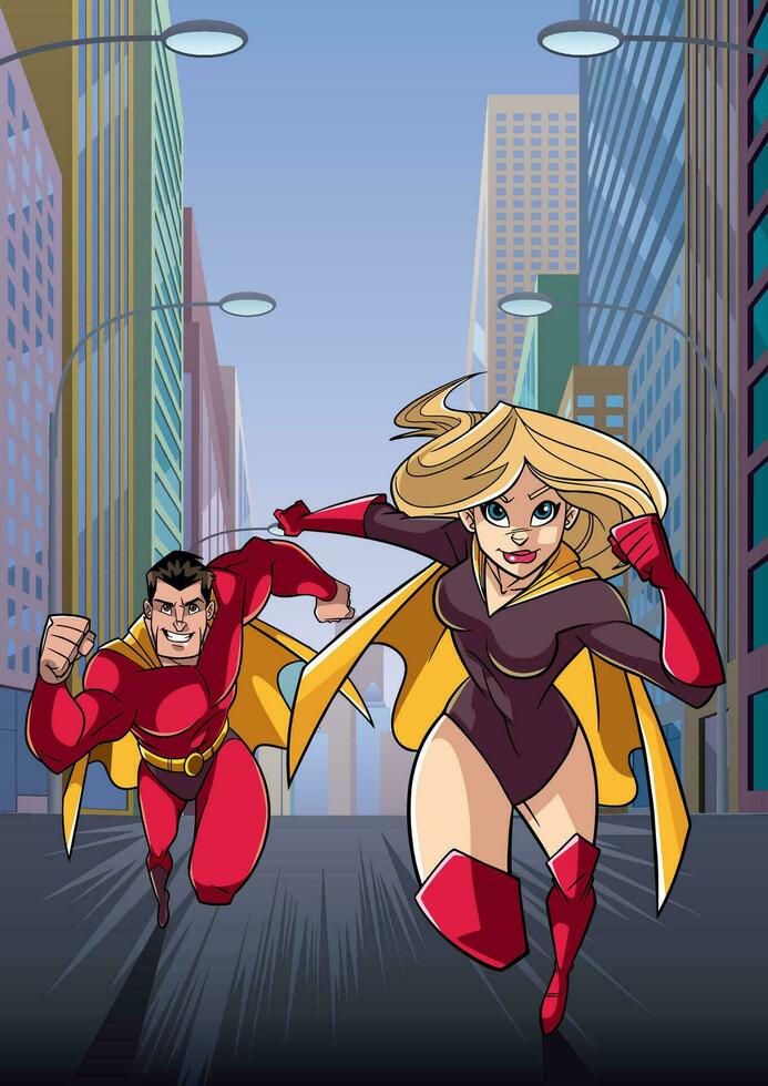Superhero Couple Running Heroine Leads vector