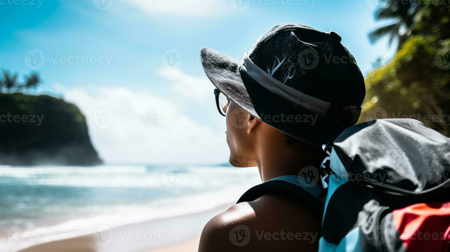 AI generated a photograph of traveler or backpaker in the beach with a many style and many angle photo
