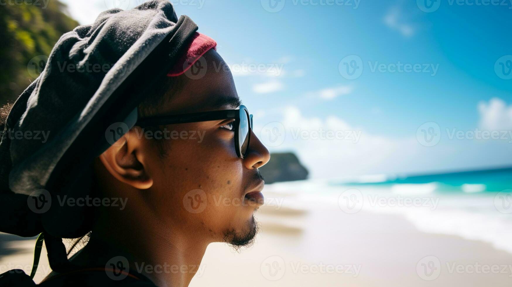 AI generated a photograph of traveler or backpaker in the beach with a many style and many angle photo