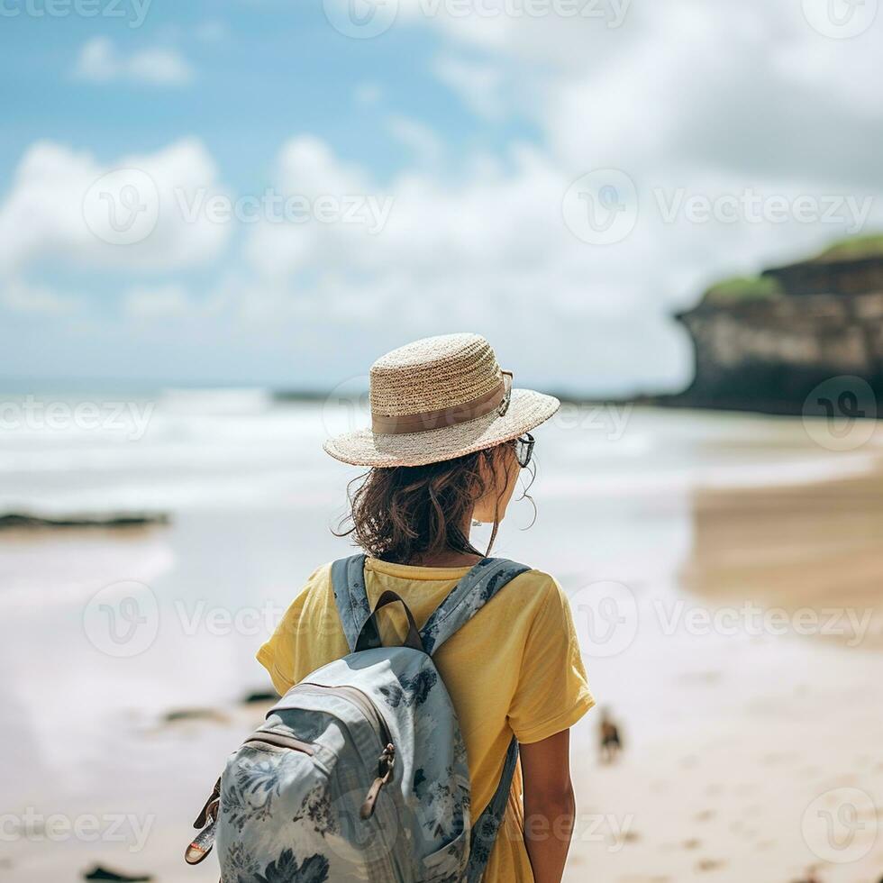 AI generated a photograph of traveler or backpaker in the beach with a many style and many angle photo